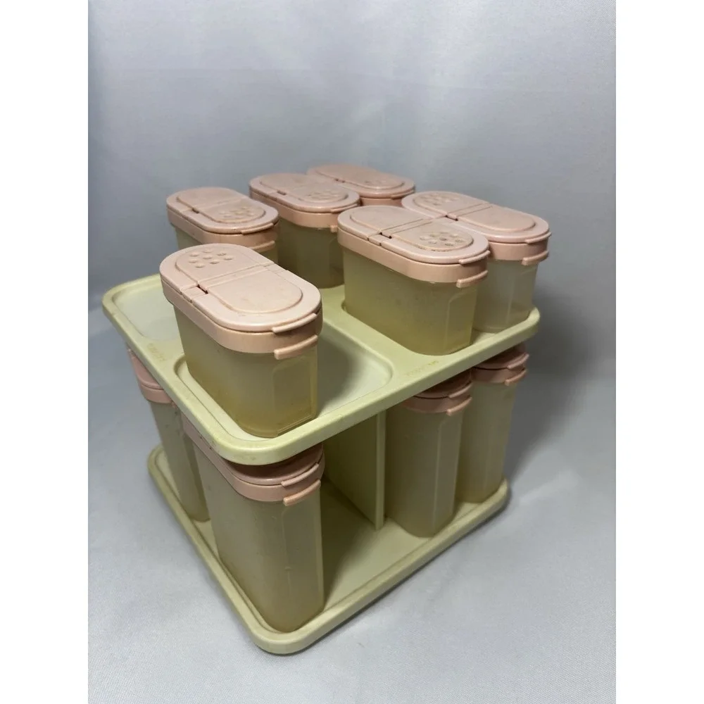 Lot Of 49 Vintage Tupperware Pink Spice Rack with Carousel, Cups, Cereal